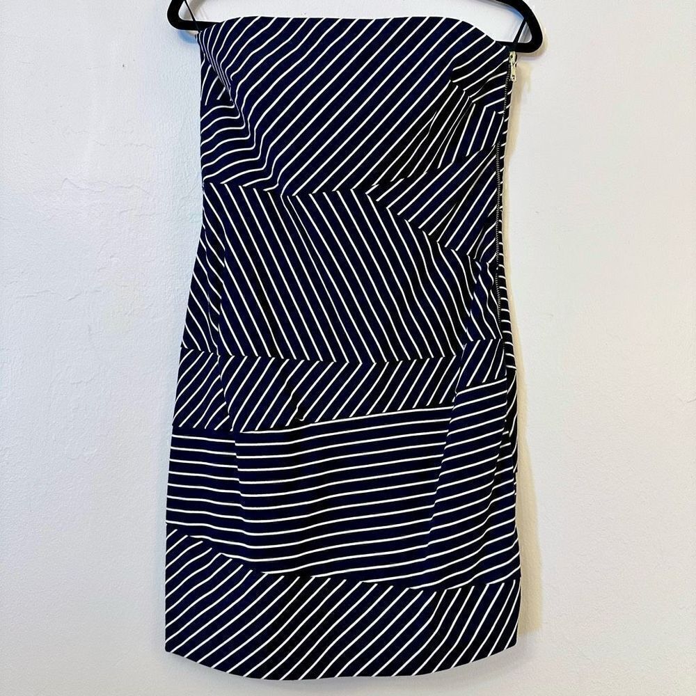 Cynthia Steffe Striped Gold Zipper Strapless Sheath Dress Dark Navy White Size 6